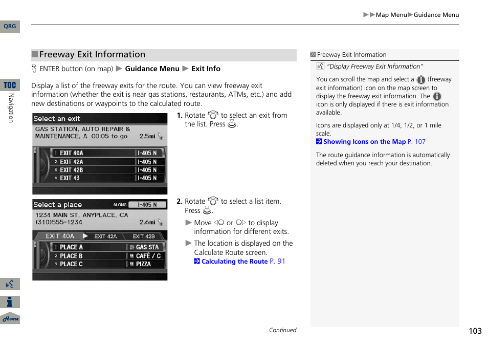 2 freeway exit information, P. 103, Freeway exit information | Acura 2014 ILX Navigation User Manual | Page 104 / 260