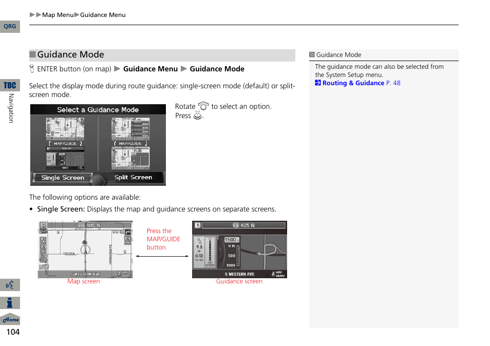 P104), 2 guidance mode, P. 104 | 2 guidance mode p. 104, Guidance mode | Acura 2014 ILX Navigation User Manual | Page 105 / 260