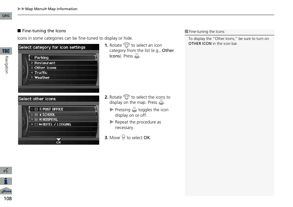 2 fine-tuning the icons, P. 108 | Acura 2014 ILX Navigation User Manual | Page 109 / 260