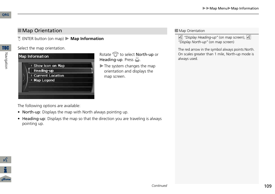 P109), 2 map orientation, P. 109 | Map orientation | Acura 2014 ILX Navigation User Manual | Page 110 / 260