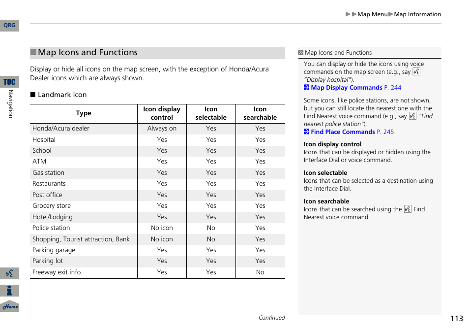 Map icons and functions | Acura 2014 ILX Navigation User Manual | Page 114 / 260