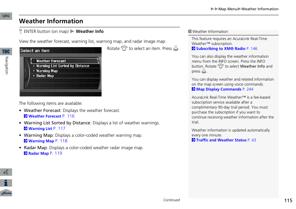 P115), 2 weather information, P. 115 | Weather information | Acura 2014 ILX Navigation User Manual | Page 116 / 260