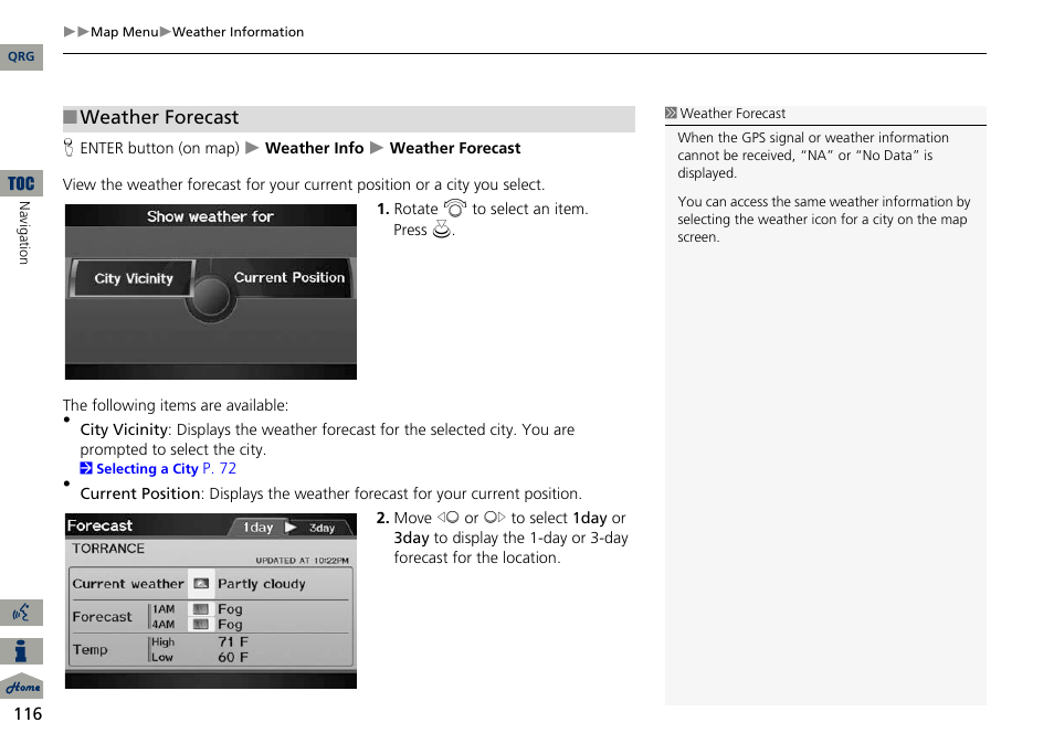 2 weather forecast, P. 116, Weather forecast | Acura 2014 ILX Navigation User Manual | Page 117 / 260