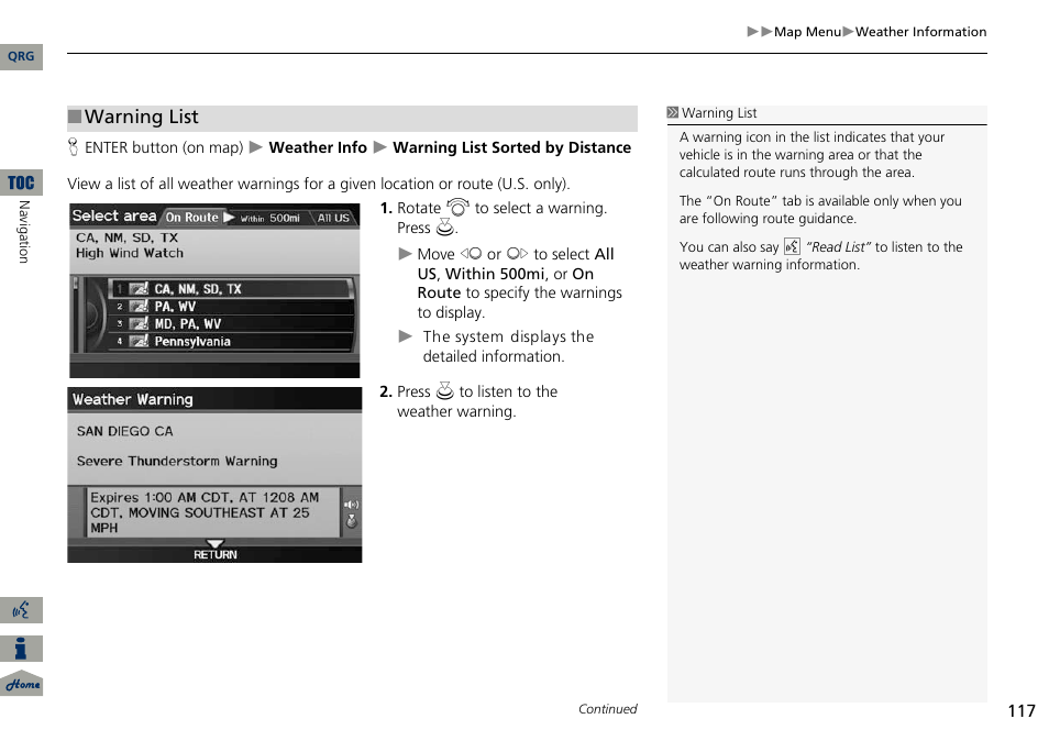 P117), 2 warning list, P. 117 | Warning list | Acura 2014 ILX Navigation User Manual | Page 118 / 260
