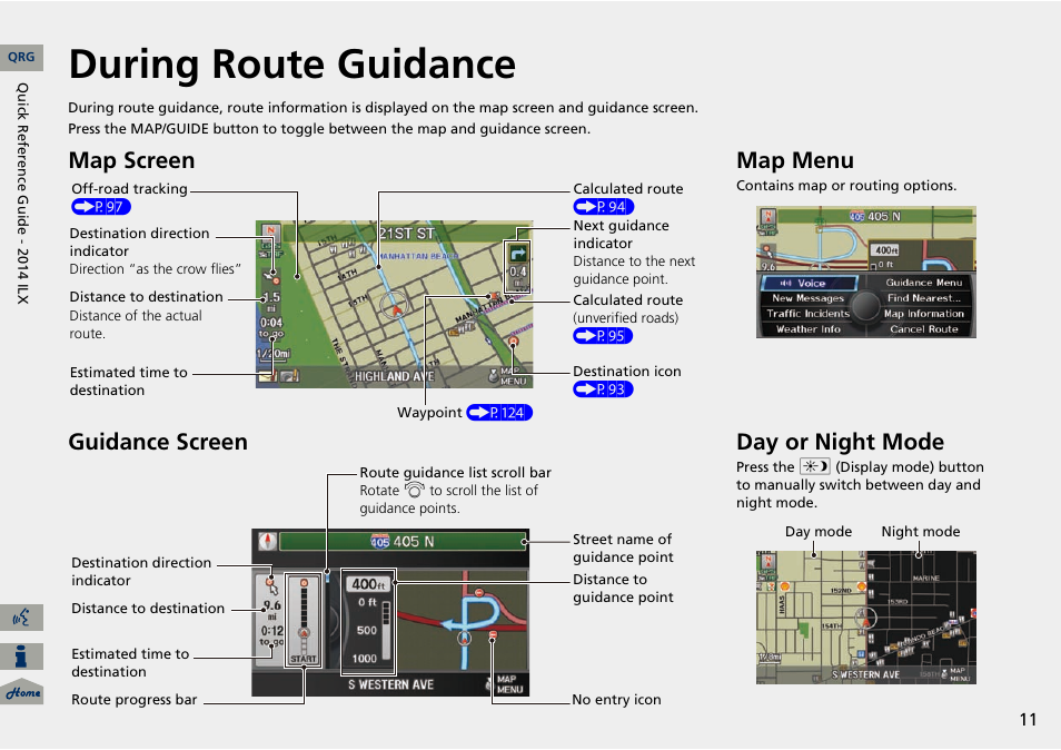 During route guidance, Map screen guidance screen, Map menu | Day or night mode | Acura 2014 ILX Navigation User Manual | Page 12 / 260