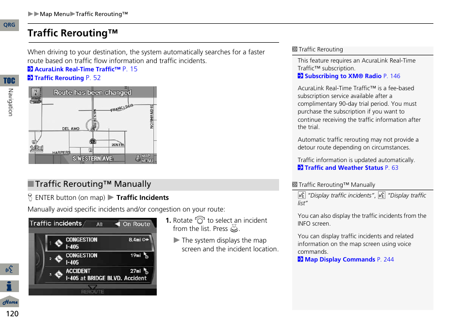 P120), 2 traffic rerouting, P. 120 | 2 traffic rerouting™ p. 120, Traffic rerouting, Traffic rerouting™ manually | Acura 2014 ILX Navigation User Manual | Page 121 / 260