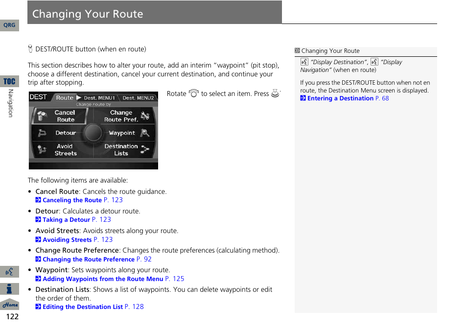 Changing your route, 2 changing your route p. 122 | Acura 2014 ILX Navigation User Manual | Page 123 / 260