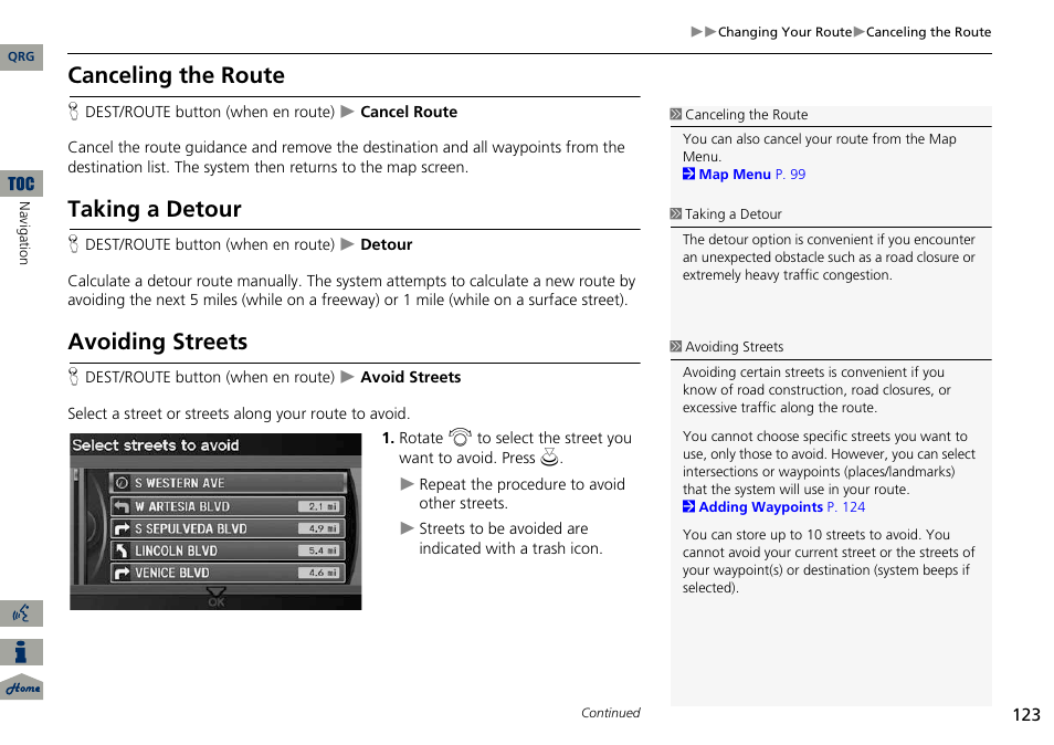 P123), 2 avoiding streets p. 123, 2 canceling the route | P. 123, 2 taking a detour, 2 avoiding streets, Canceling the route, Taking a detour, Avoiding streets | Acura 2014 ILX Navigation User Manual | Page 124 / 260