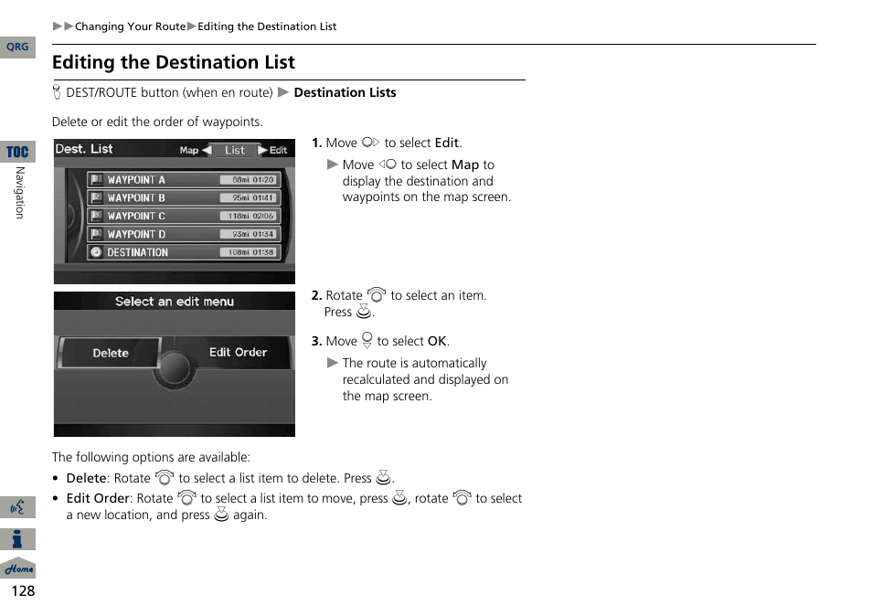 2 editing the destination list p. 128, 2 editing the destination list, P. 128 | Editing the destination list | Acura 2014 ILX Navigation User Manual | Page 129 / 260