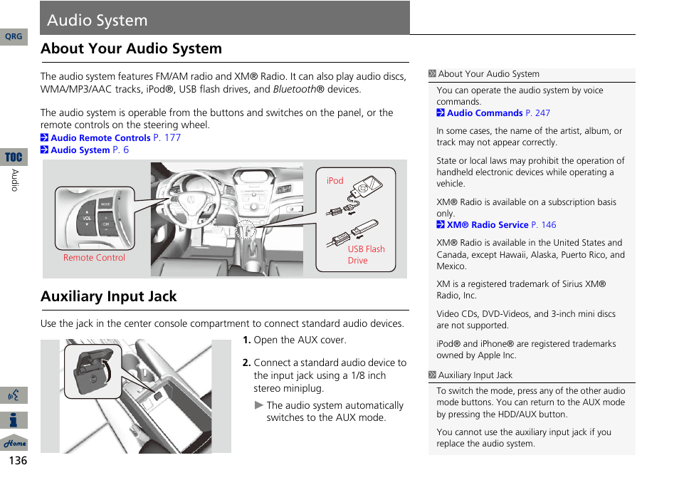 Audio system, About your audio system, Auxiliary input jack | Acura 2014 ILX Navigation User Manual | Page 137 / 260