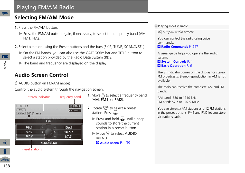 Playing fm/am radio, P138), Selecting fm/am mode | Audio screen control | Acura 2014 ILX Navigation User Manual | Page 139 / 260