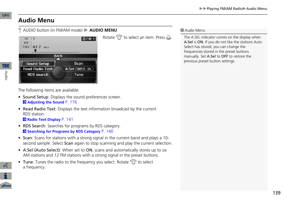 2 audio menu, P. 139, Audio menu | Acura 2014 ILX Navigation User Manual | Page 140 / 260