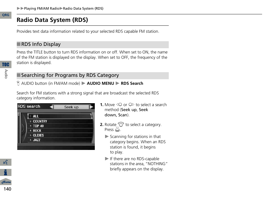 2 searching for programs by rds category, P. 140, Radio data system (rds) | Acura 2014 ILX Navigation User Manual | Page 141 / 260