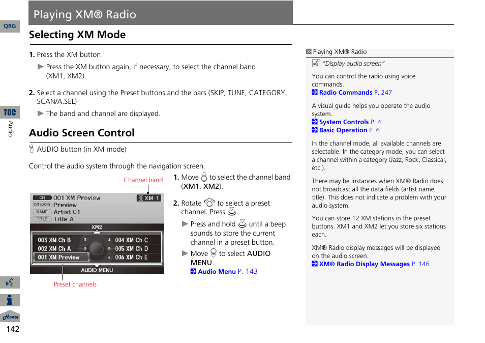 Playing xm® radio, P142), Radio | Selecting xm mode, Audio screen control | Acura 2014 ILX Navigation User Manual | Page 143 / 260