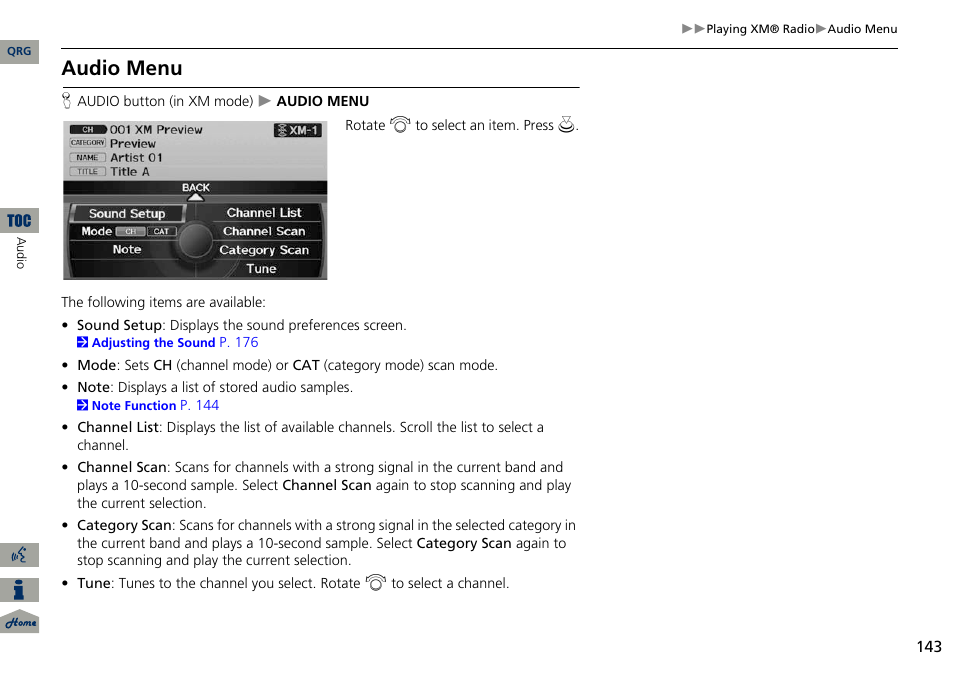 2 audio menu, P. 143, Audio menu | Acura 2014 ILX Navigation User Manual | Page 144 / 260