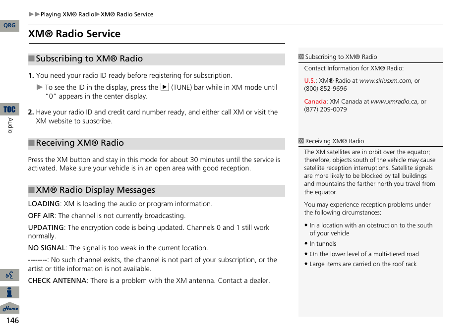 2 subscribing to xm® radio p. 146, 2 xm® radio service p. 146, 2 xm® radio display messages p. 146 | Xm® radio service | Acura 2014 ILX Navigation User Manual | Page 147 / 260