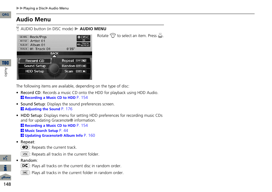 2 audio menu, P. 148, Audio menu | Acura 2014 ILX Navigation User Manual | Page 149 / 260