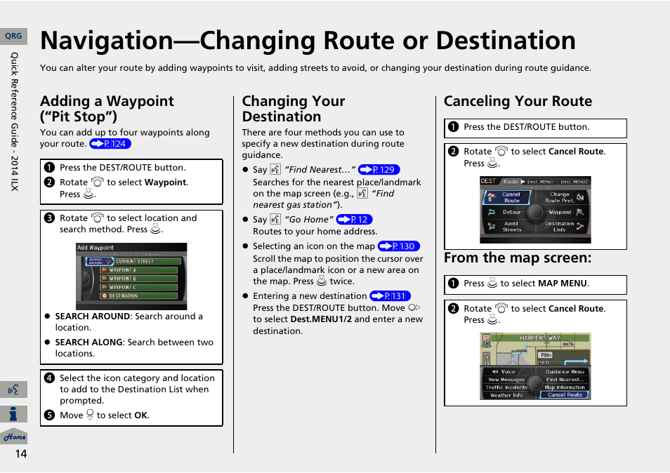 Navigation—changing route or destination, Adding a waypoint (“pit stop”), Changing your destination | Canceling your route from the map screen | Acura 2014 ILX Navigation User Manual | Page 15 / 260