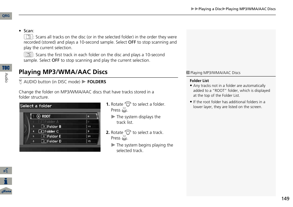 2 playing mp3/wma/aac discs, P. 149, Playing mp3/wma/aac discs | Acura 2014 ILX Navigation User Manual | Page 150 / 260