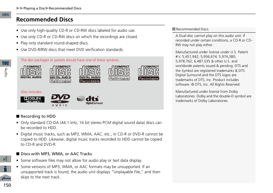 Recommended discs | Acura 2014 ILX Navigation User Manual | Page 151 / 260