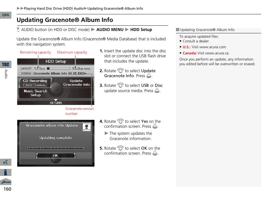 2 updating gracenote® album info, P. 160 | Acura 2014 ILX Navigation User Manual | Page 161 / 260