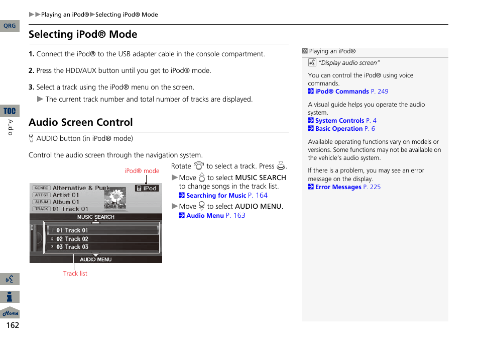 Selecting ipod® mode, Audio screen control | Acura 2014 ILX Navigation User Manual | Page 163 / 260