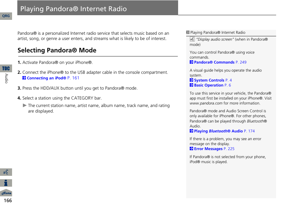 Playing pandora® internet radio, P166), Selecting pandora® mode | Acura 2014 ILX Navigation User Manual | Page 167 / 260
