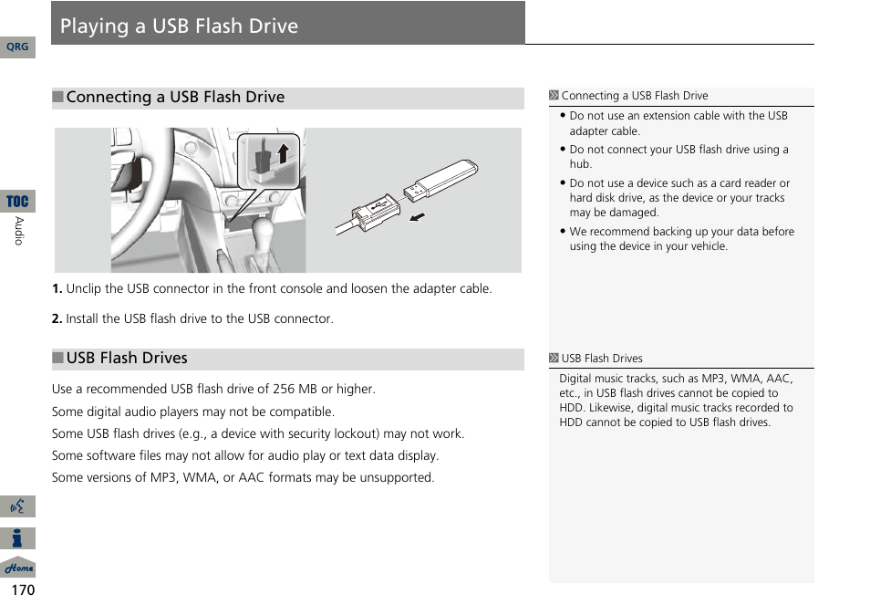Playing a usb flash drive, P170) | Acura 2014 ILX Navigation User Manual | Page 171 / 260