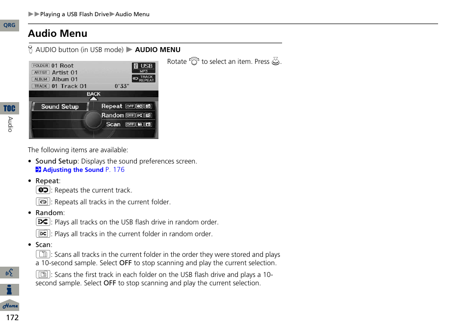 2 audio menu, P. 172, Audio menu | Acura 2014 ILX Navigation User Manual | Page 173 / 260