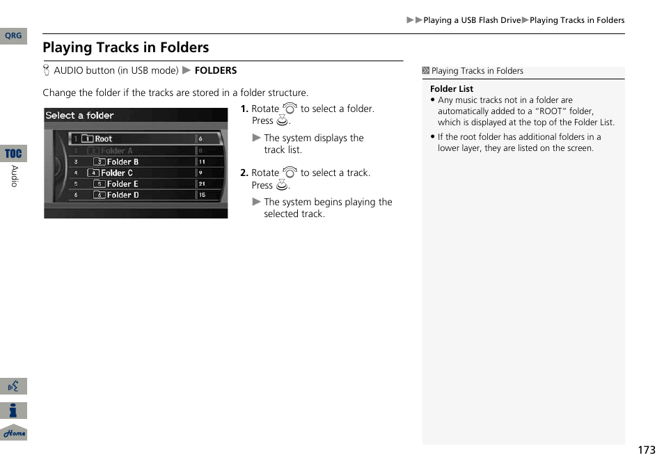 2 playing tracks in folders, P. 173, Playing tracks in folders | Acura 2014 ILX Navigation User Manual | Page 174 / 260