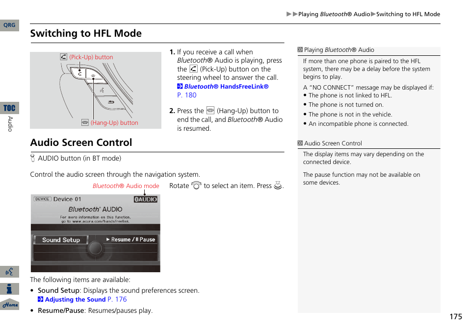 Switching to hfl mode, Audio screen control | Acura 2014 ILX Navigation User Manual | Page 176 / 260