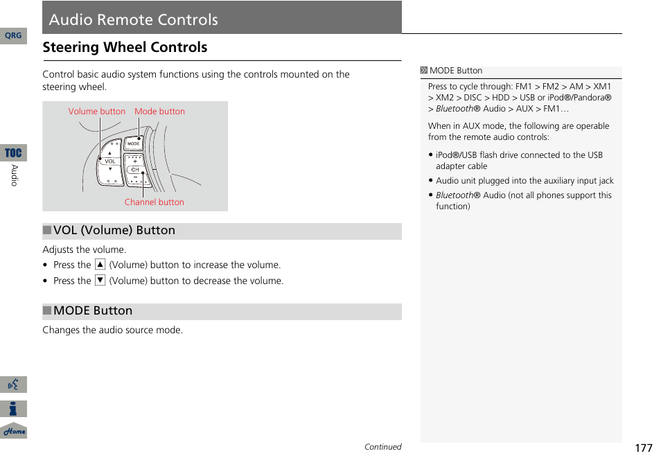 Audio remote controls, P177), 2 audio remote controls | P. 177, Steering wheel controls | Acura 2014 ILX Navigation User Manual | Page 178 / 260