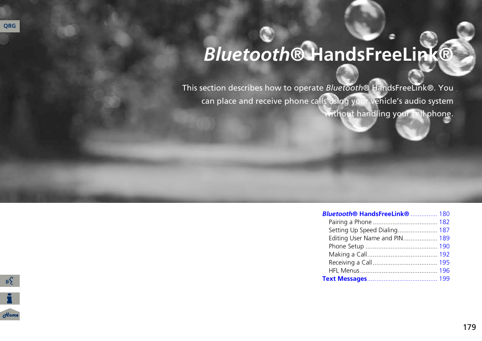 Bluetooth® handsfreelink, 2 bluetooth ® handsfreelink® p. 179, P.179 | 2 bluetooth ® handsfreelink, P. 179, Bluetooth ® handsfreelink | Acura 2014 ILX Navigation User Manual | Page 180 / 260