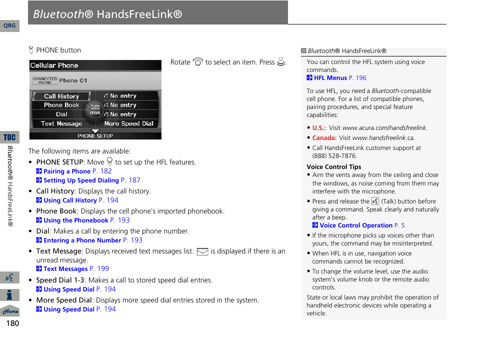 Bluetooth® handsfreelink, P180), 2 bluetooth ® handsfreelink® p. 180 | 2 bluetooth ® handsfreelink, P. 180, Bluetooth ® handsfreelink | Acura 2014 ILX Navigation User Manual | Page 181 / 260