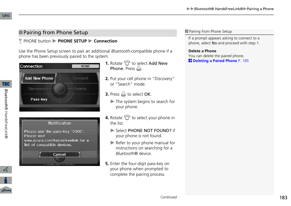 Pairing from phone setup | Acura 2014 ILX Navigation User Manual | Page 184 / 260