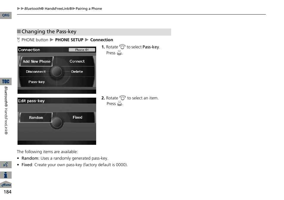 Changing the pass-key | Acura 2014 ILX Navigation User Manual | Page 185 / 260
