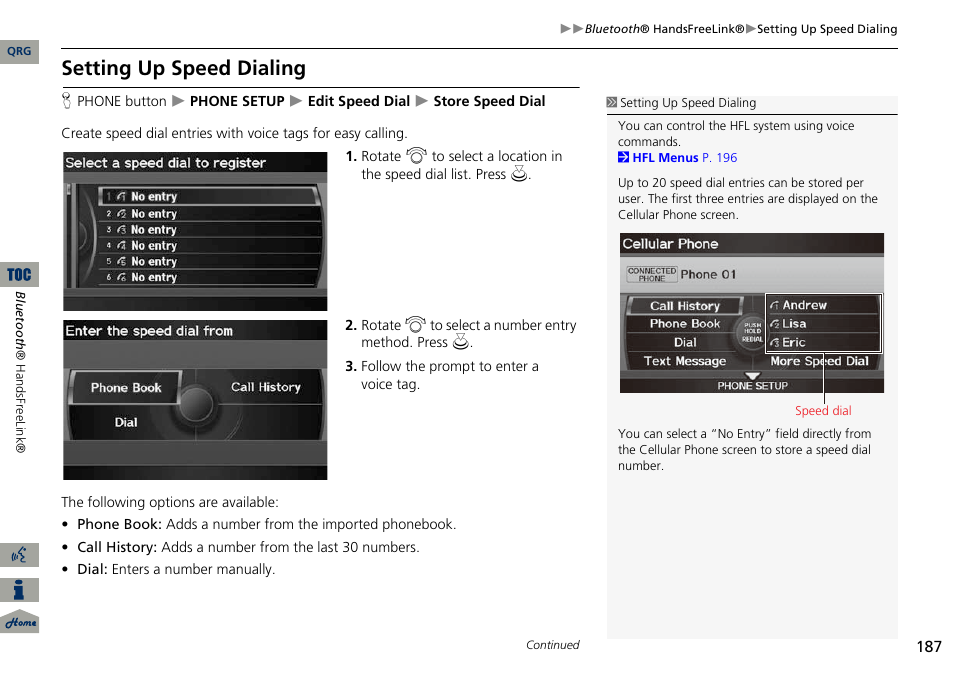 2 pairing a phone, P. 182, Setting up speed dialing | Acura 2014 ILX Navigation User Manual | Page 188 / 260