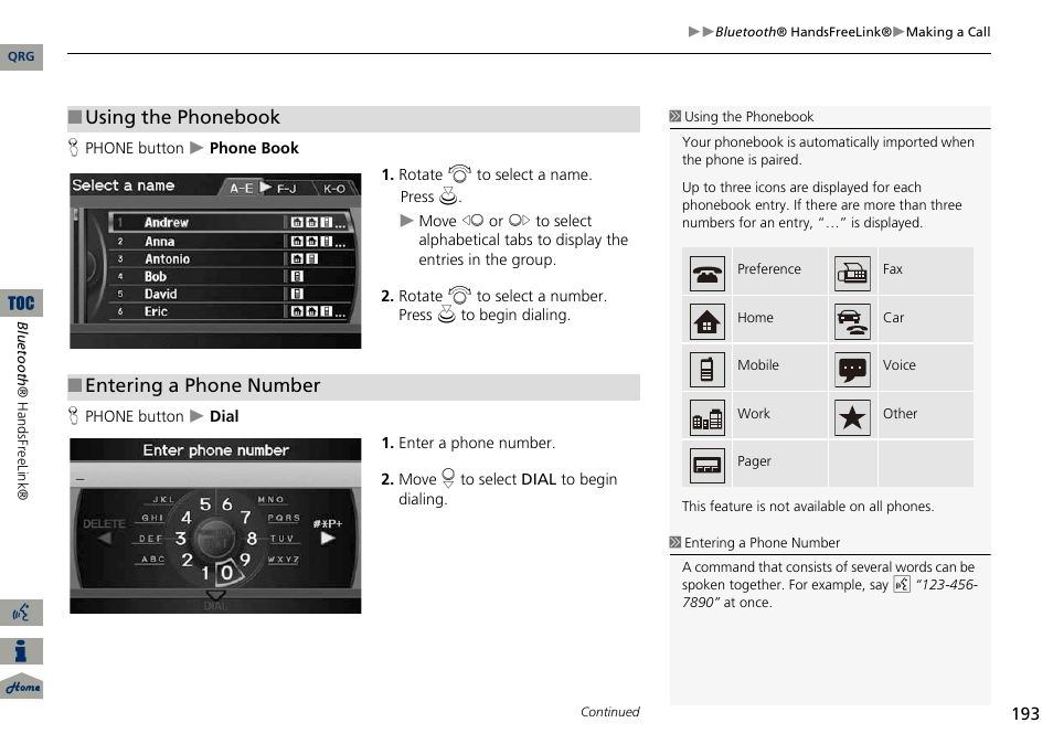 Phone book: displays the cell, Dial: makes a call by entering the phone number, 2 using the phonebook | P. 193, 2 entering a phone number, Using the phonebook, Entering a phone number | Acura 2014 ILX Navigation User Manual | Page 194 / 260