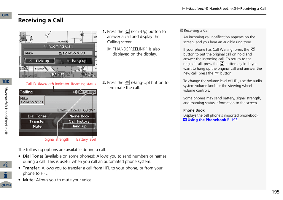 P195), Receiving a call | Acura 2014 ILX Navigation User Manual | Page 196 / 260