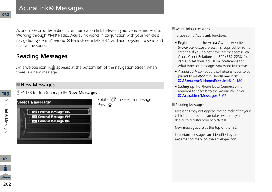 Acuralink® messages, P202), 2 acuralink® messages p. 202 | 2 acuralink® messages, P. 202, Reading messages | Acura 2014 ILX Navigation User Manual | Page 203 / 260
