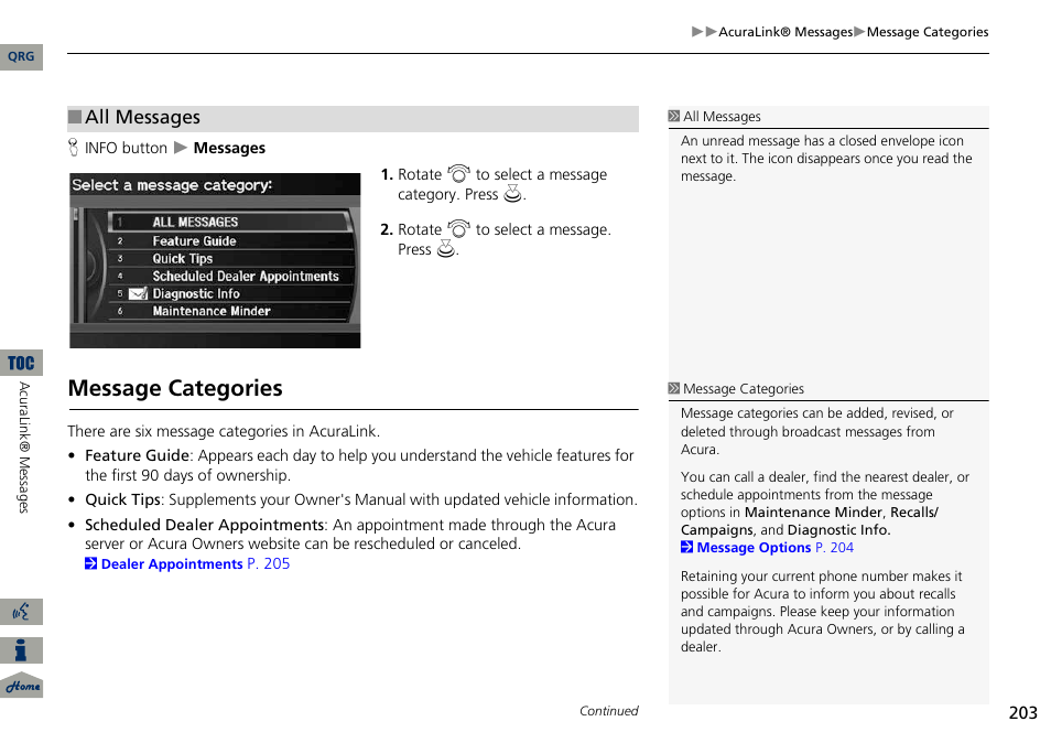 Message categories, All messages | Acura 2014 ILX Navigation User Manual | Page 204 / 260