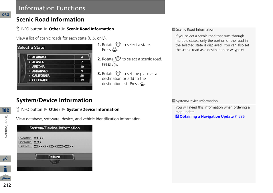 Information functions, Scenic road information, System/device information | Acura 2014 ILX Navigation User Manual | Page 213 / 260