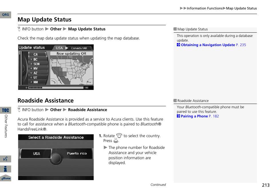 Map update status, Roadside assistance | Acura 2014 ILX Navigation User Manual | Page 214 / 260