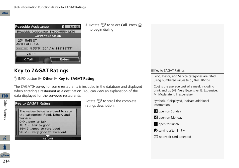 2 key to zagat ratings p. 214, Key to zagat ratings | Acura 2014 ILX Navigation User Manual | Page 215 / 260