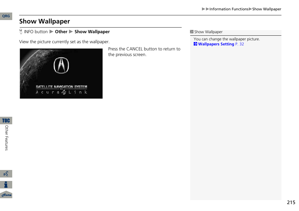 Show wallpaper | Acura 2014 ILX Navigation User Manual | Page 216 / 260