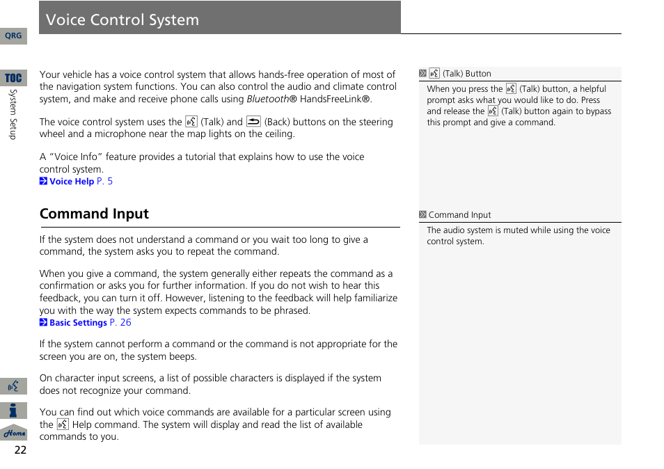 Voice control system, L system, P22) | Command input | Acura 2014 ILX Navigation User Manual | Page 23 / 260