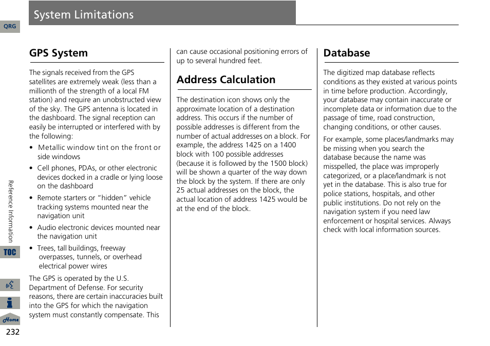 System limitations, 2 gps system, P. 232 | Gps system, Address calculation, Database | Acura 2014 ILX Navigation User Manual | Page 233 / 260
