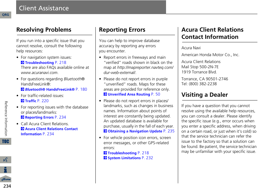 Client assistance, 2 acura client relations contact information, P. 234 | 2 reporting errors, Resolving problems, Reporting errors, Acura client relations contact information, Visiting a dealer | Acura 2014 ILX Navigation User Manual | Page 235 / 260