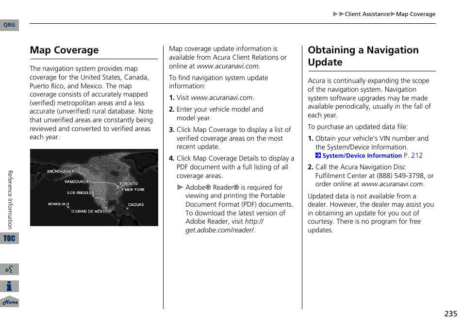 2 map coverage, P. 235, H year | 2 obtaining a navigation update, Map coverage, Obtaining a navigation update | Acura 2014 ILX Navigation User Manual | Page 236 / 260