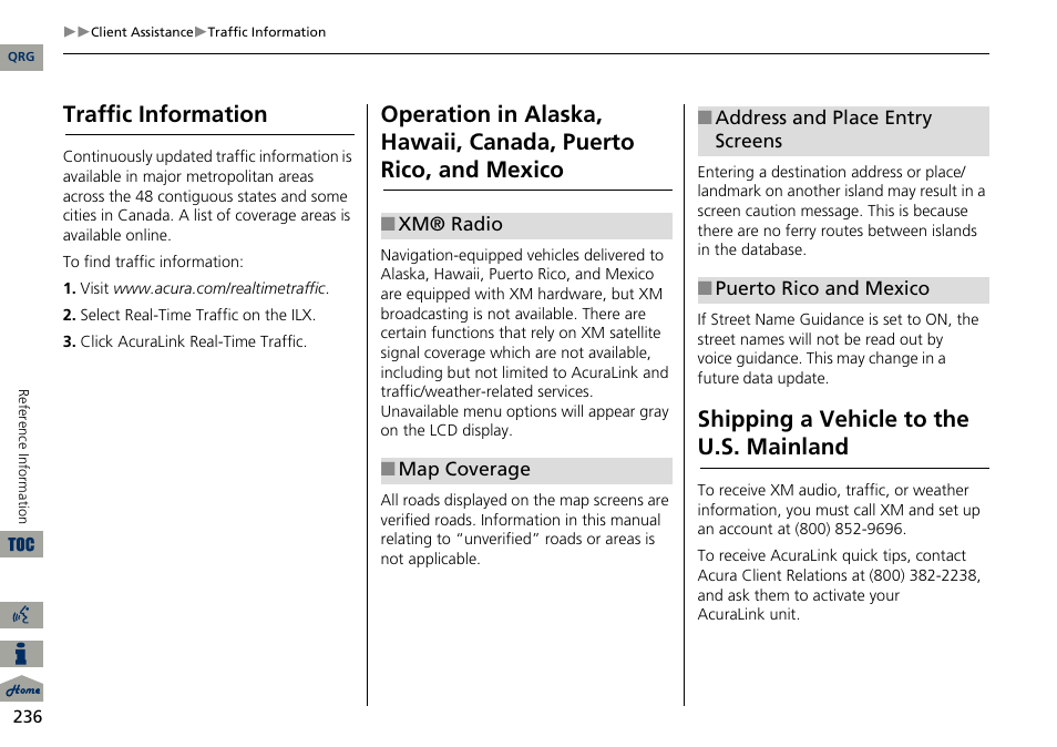 Traffic information, Shipping a vehicle to the u.s. mainland | Acura 2014 ILX Navigation User Manual | Page 237 / 260